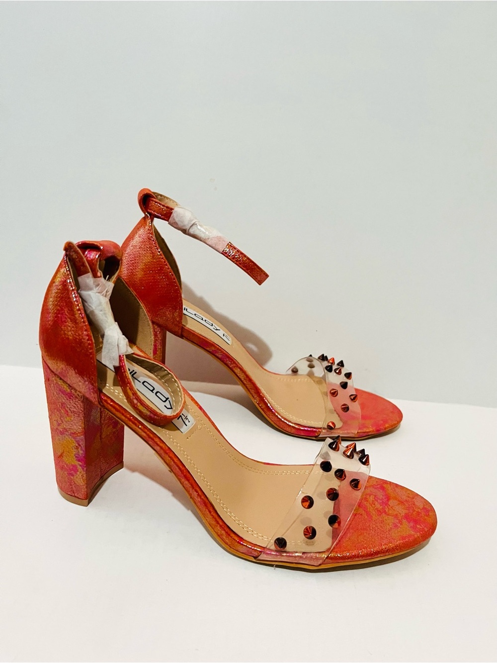 Unilady Women's Vibrant Orange High Block Heel Sandals with Studded Clear Strap